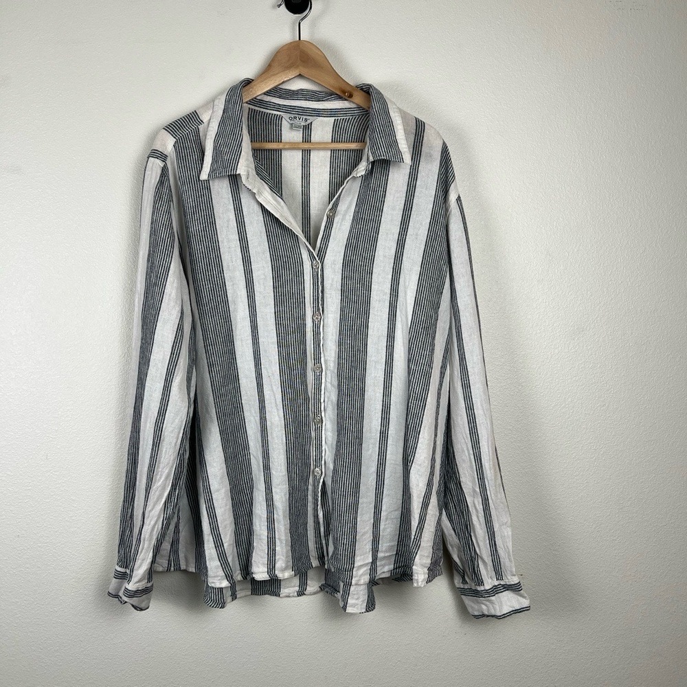 Orvis Shirt Womens Size XXL Black White Striped ButtonUp‎ Linen Blend Roll Tab
